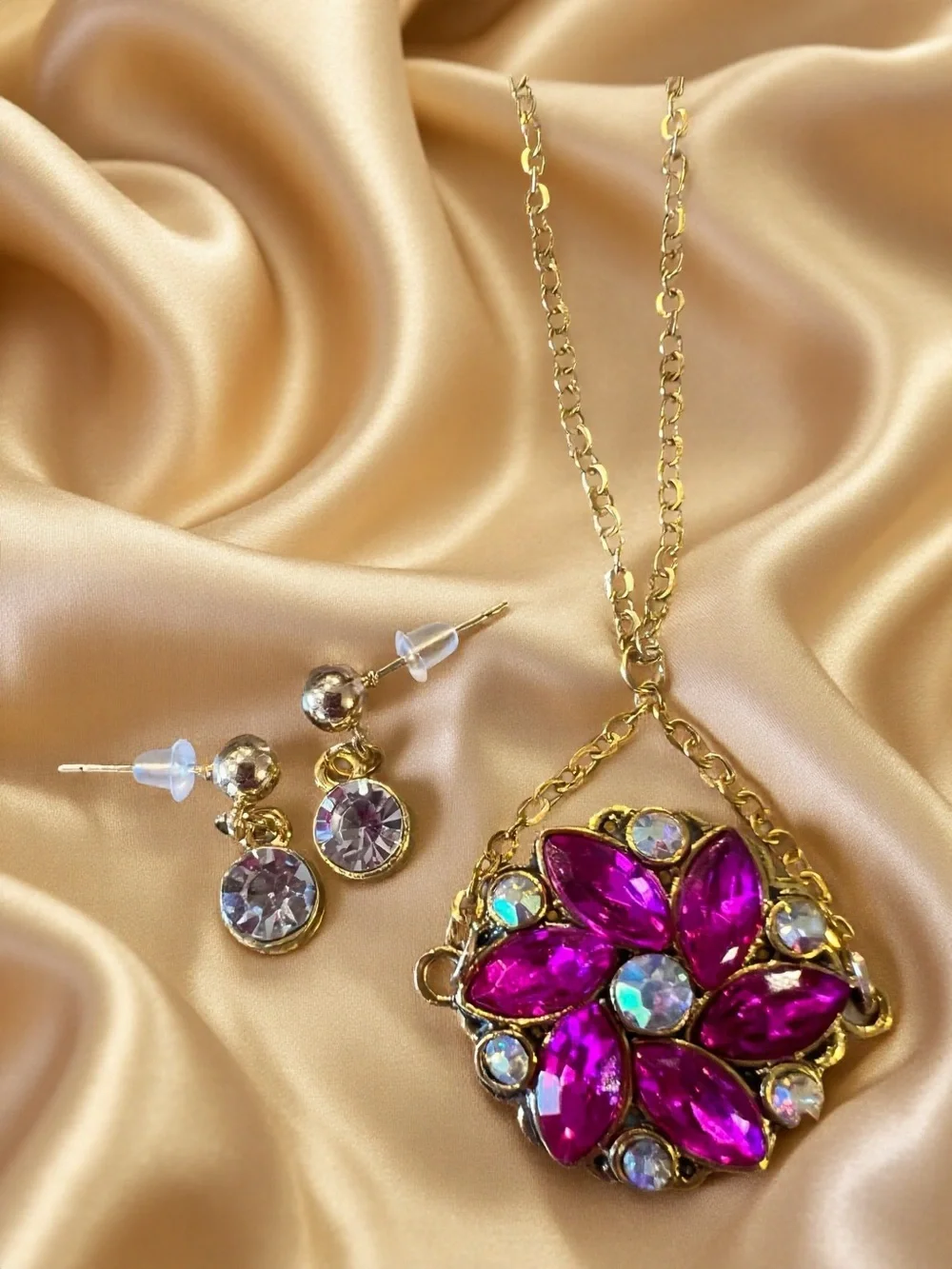 Gold-Tone Fuchsia Crystal Flower Pendant Necklace and Earring Set